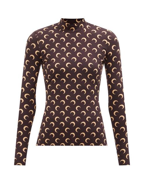 Marine Serre - High-neck Moon-print Recycled-jersey Top - Womens - Brown Multi