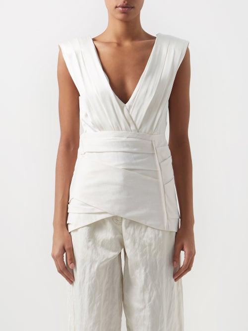 Jil Sander - Draped V-neck Silk-satin Top - Womens - Ivory