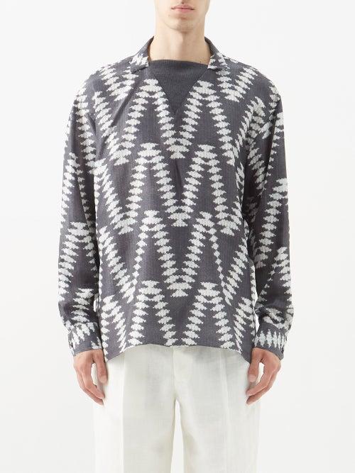 Giorgio Armani - Zigzag-intarsia Silk Shirt - Mens - Grey Multi