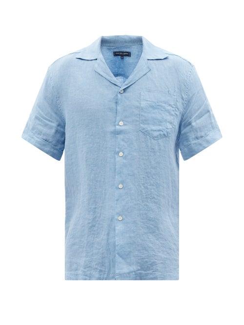 Frescobol Carioca - Cuban-collar Short-sleeved Linen Shirt - Mens - Light Blue
