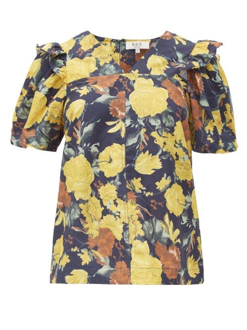 Matchesfashion.com Sea - Ella Floral Print Cotton Blouse - Womens - Yellow Multi