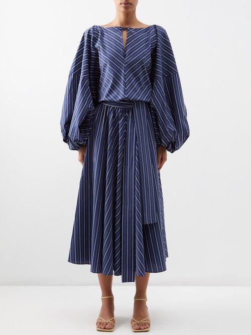 Palmer/harding Palmer//harding - Renew Balloon-sleeve Striped-cotton Midi Dress - Womens - Navy Stripe