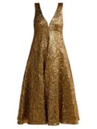 Matchesfashion.com Rochas - Metallic Boucl Foil Effect Midi Dress - Womens - Gold