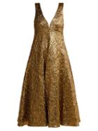 Matchesfashion.com Rochas - Metallic Boucl Foil Effect Midi Dress - Womens - Gold