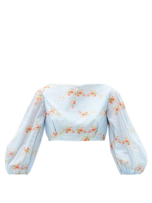 Matchesfashion.com Emilia Wickstead - Mai Floral-print Balloon-sleeve Cotton Cropped Top - Womens - Blue Print
