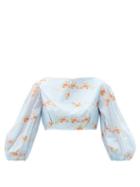 Matchesfashion.com Emilia Wickstead - Mai Floral-print Balloon-sleeve Cotton Cropped Top - Womens - Blue Print