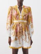 Zimmermann - Pattie Long-sleeved Floral-print Linen Dress - Womens - Mustard