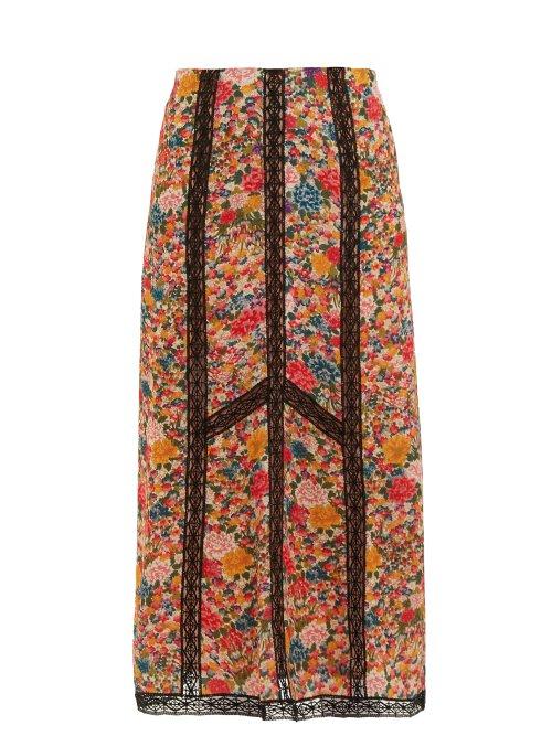 Matchesfashion.com Etro - Lace Insert Floral Print Crepe Skirt - Womens - Pink Multi