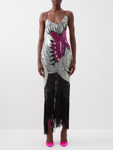 Conner Ives - Sequinned Fringe-trimmed Upcycled Silk Dress - Womens - Black