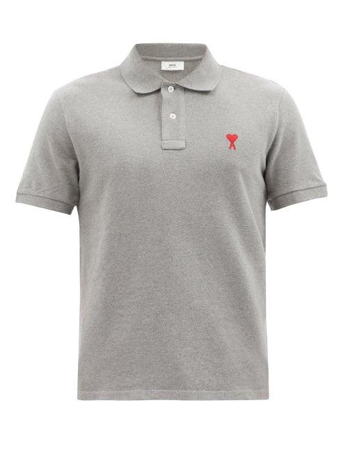 Ami - Ami De Caur-logo Organic Cotton-piqu Polo Shirt - Mens - Grey