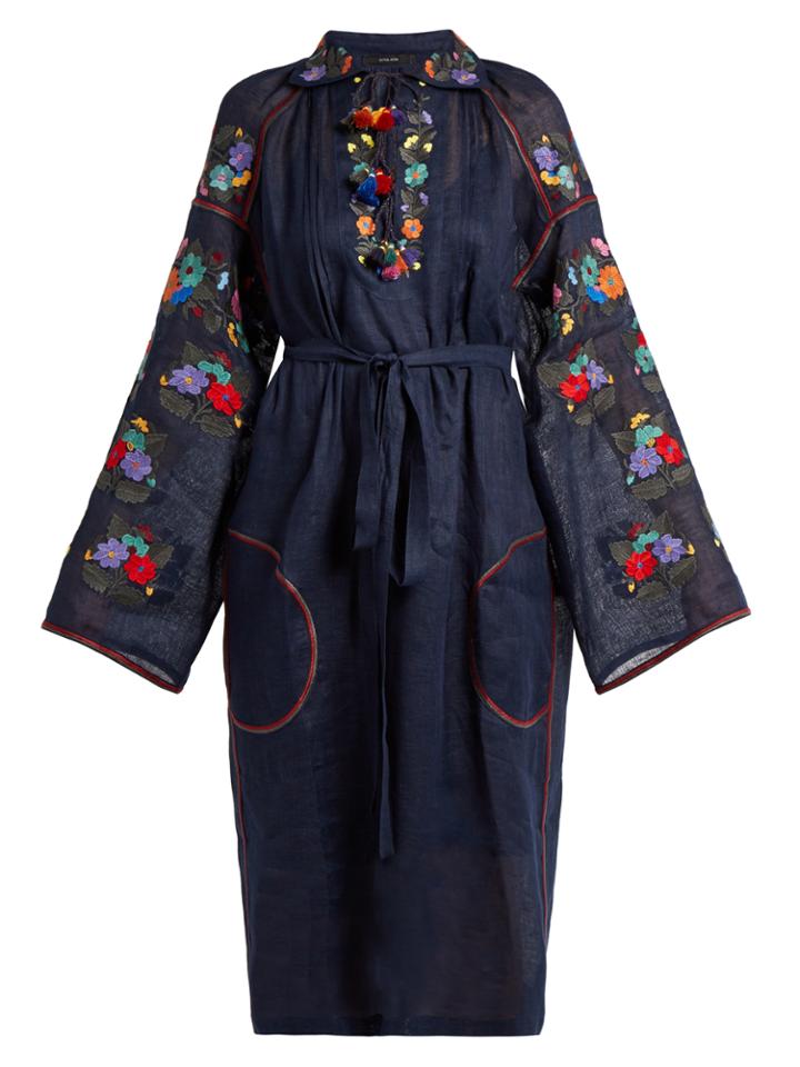 Vita Kin Press Flower Embroidered Lightweight Linen Dress