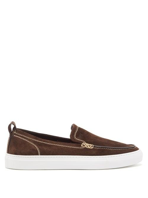 Brioni - Topstitched Suede Slip-on Trainers - Mens - Brown