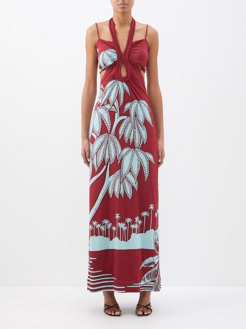 Johanna Ortiz - Refugios En El Orinoco Palm-print Maxi Dress - Womens - Burgundy Blue