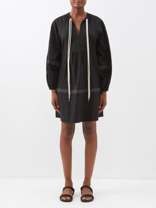 Lee Mathews - Gina Cotton-seersucker Mini Dress - Womens - Black