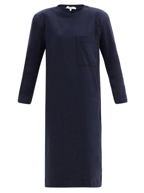 Matchesfashion.com Tibi - Shoulder-padded Long-sleeved Cotton-jersey Dress - Womens - Navy