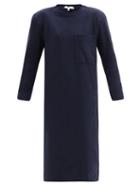 Matchesfashion.com Tibi - Shoulder-padded Long-sleeved Cotton-jersey Dress - Womens - Navy