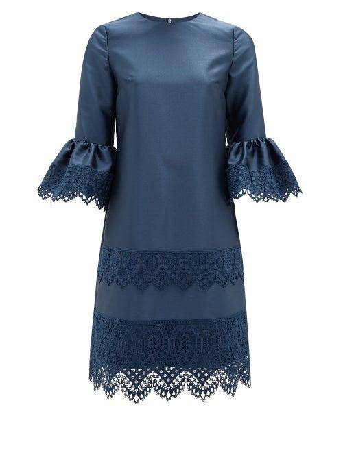 Matchesfashion.com Erdem - Elijah Guipure Lace-trimmed Fluted-sleeve Dress - Womens - Navy