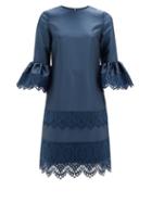 Matchesfashion.com Erdem - Elijah Guipure Lace-trimmed Fluted-sleeve Dress - Womens - Navy