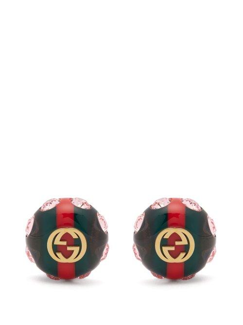 Matchesfashion.com Gucci - Gg Web Stripe Crystal And Gold Tone Earrings - Womens - Green