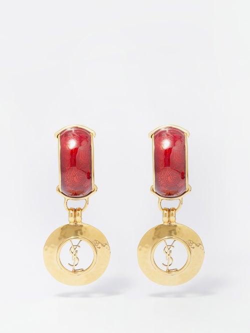 Saint Laurent - Enamelled Ysl-drop Clip Earrings - Womens - Red Gold