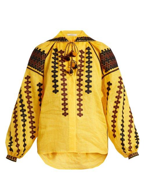 Matchesfashion.com Vita Kin - Riverbank Embroidered Lightweight Linen Blouse - Womens - Yellow Multi