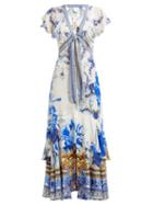Matchesfashion.com Camilla - Saint Germaine Print Silk Wrap Midi Dress - Womens - Blue Print