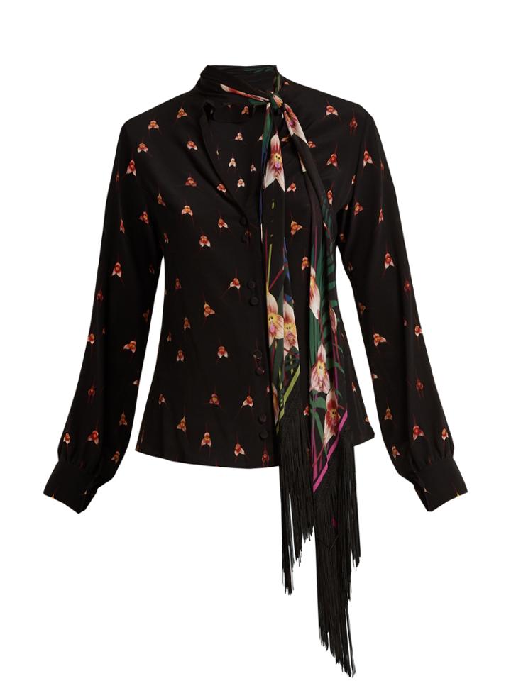 Rockins Floral-print Tie-neck Silk Blouse