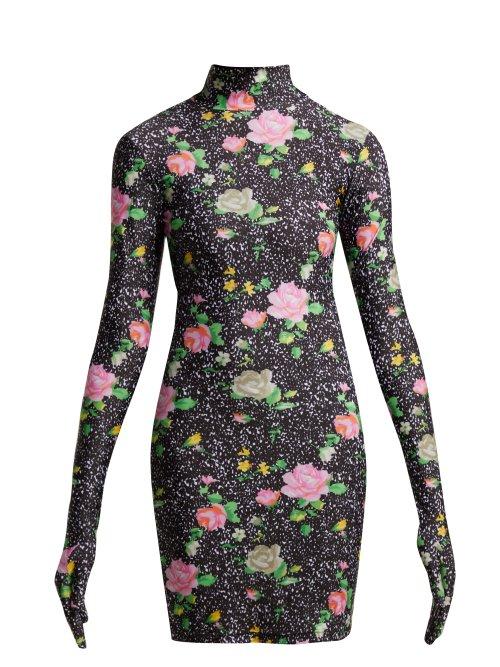Matchesfashion.com Vetements - Floral Print Glove Sleeved Jersey Mini Dress - Womens - Black Multi