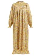 Matchesfashion.com Loretta Caponi - Smocked Floral Print Poplin Maxi Dress - Womens - Yellow Multi