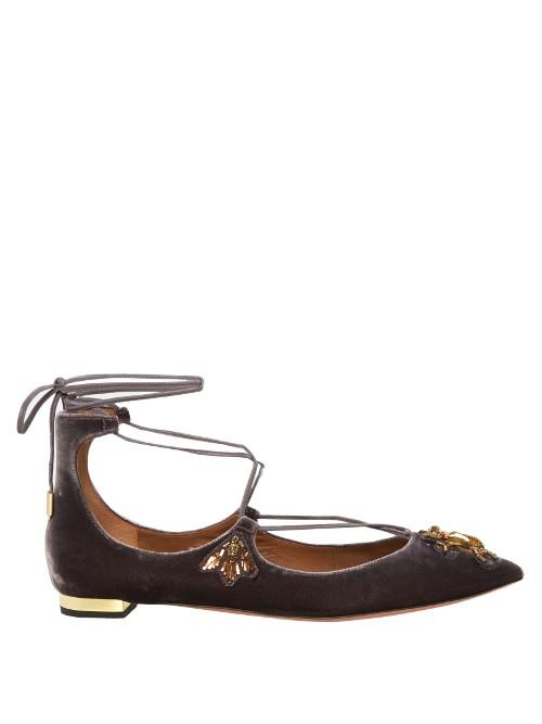 Aquazzura Christy Bee-embellished Velvet Flats