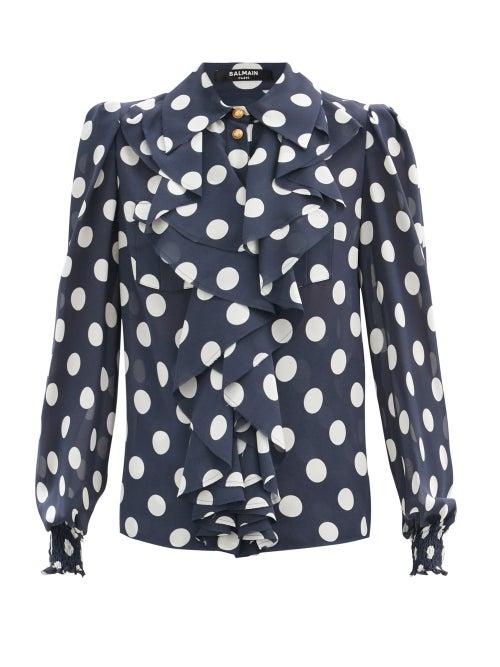 Matchesfashion.com Balmain - Ruffled Polka-dot Silk-georgette Blouse - Womens - Navy Multi