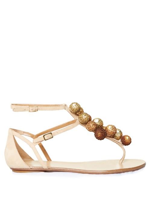 Aquazzura Disco Sequinned-pompom Suede Flat Sandals