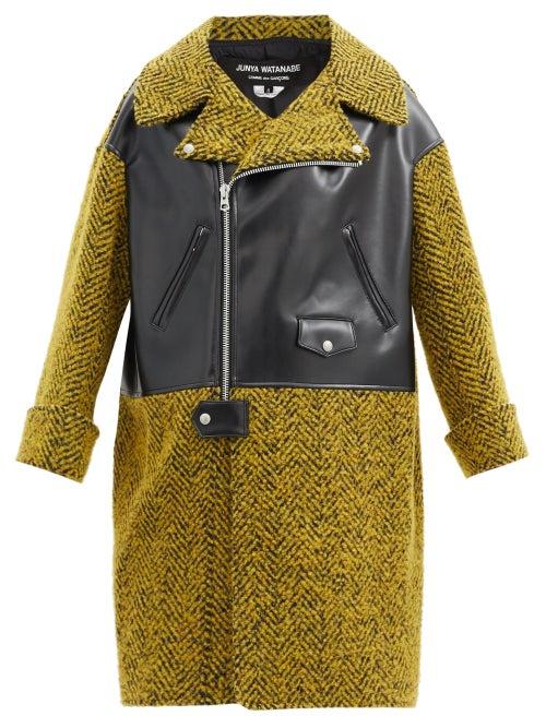 Matchesfashion.com Junya Watanabe - Herringbone-tweed And Faux-leather Coat - Womens - Yellow Multi