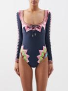La Doublej - Sunset Geometric-print Swimsuit - Womens - Navy Multi