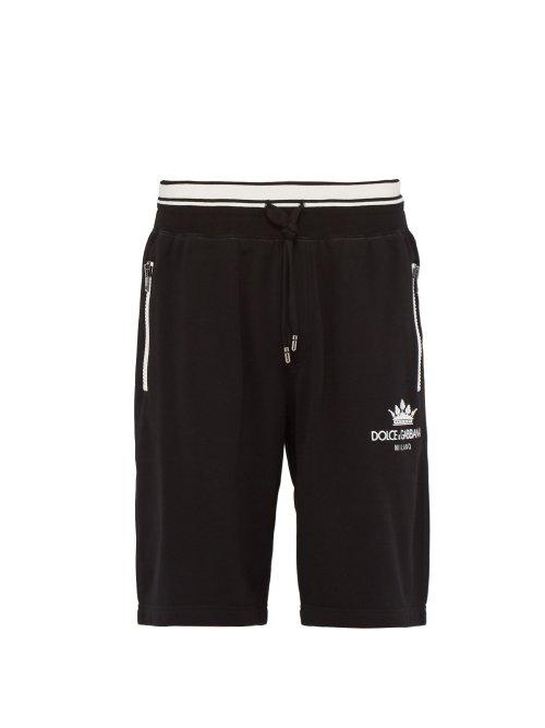 Matchesfashion.com Dolce & Gabbana - Crown Logo Cotton Blend Jersey Track Shorts - Mens - Black