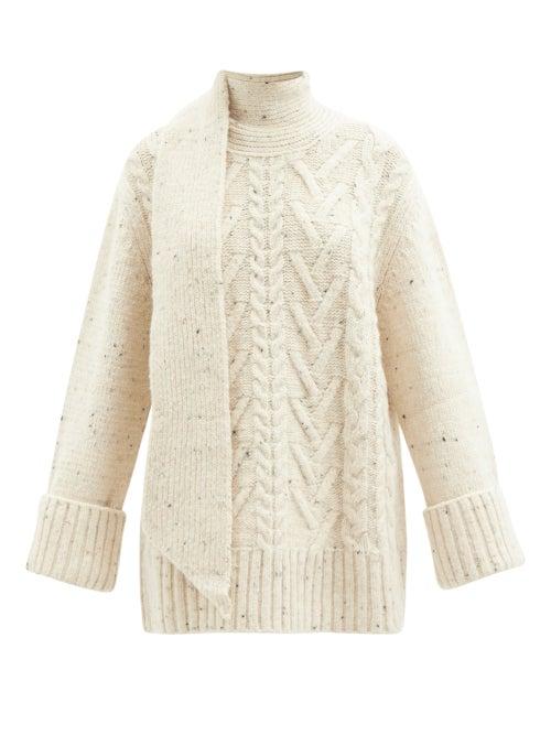 Ganni - Scarf-neckline Cable-knit Sweater - Womens - Cream