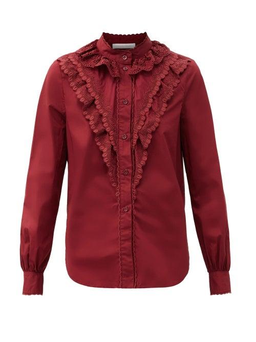 Matchesfashion.com See By Chlo - Ruffled Logo-embroidered Cotton-poplin Blouse - Womens - Burgundy