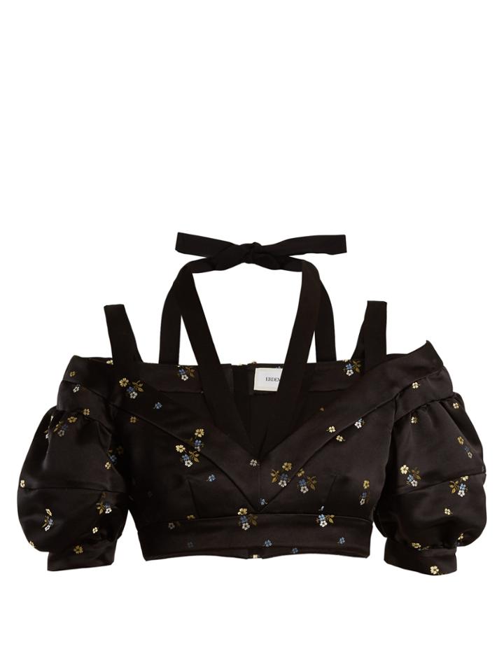 Erdem Debra Cropped Floral-embroidered Duchess-satin Top
