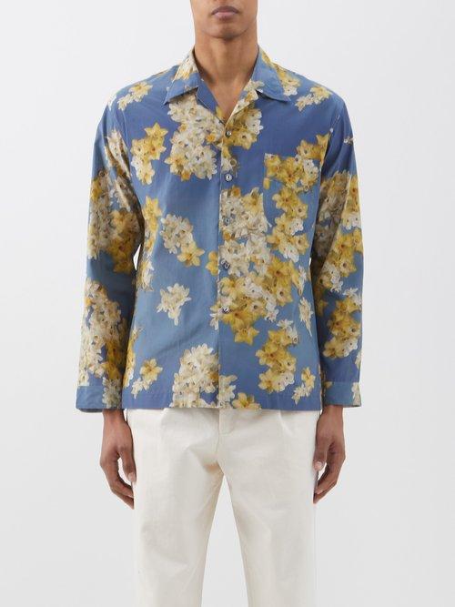 L.e.j - Daffodil-print Cotton-blend Habotai Shirt - Mens - Blue Multi