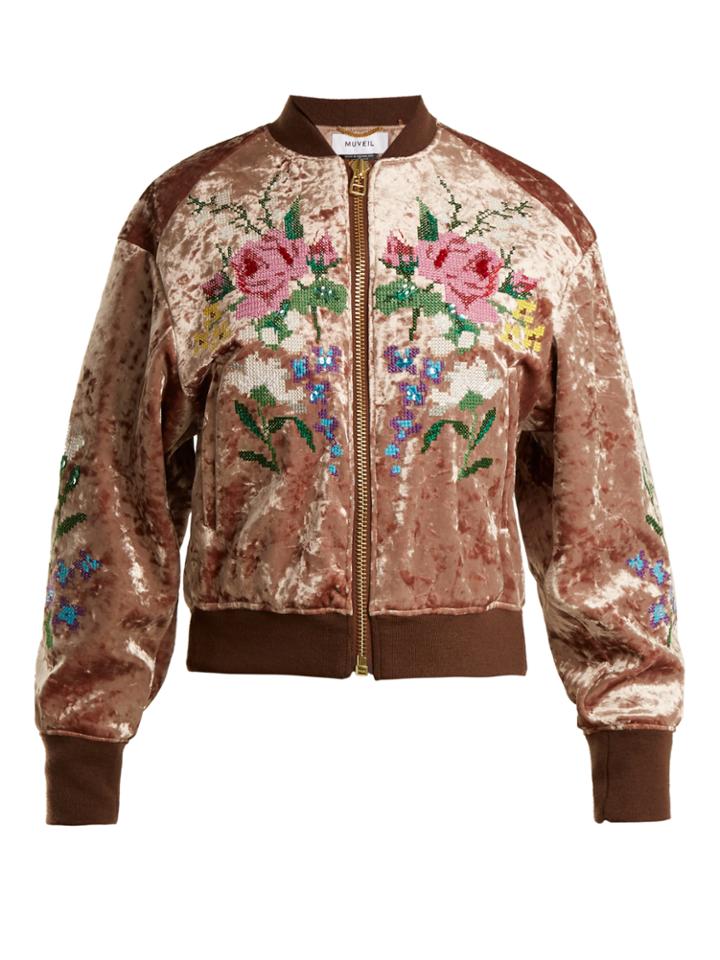 Muveil Floral Cross-stitch Velvet Bomber Jacket