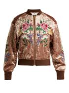 Muveil Floral Cross-stitch Velvet Bomber Jacket