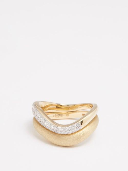 Rainbow K - Wave Diamond & 9kt Gold Double Ring - Womens - Gold Multi