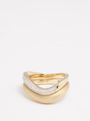 Rainbow K - Wave Diamond & 9kt Gold Double Ring - Womens - Gold Multi