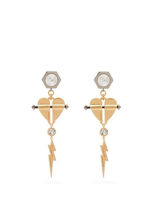 Matchesfashion.com Prada - Bolted Heart Lightning Clip Earrings - Womens - Gold