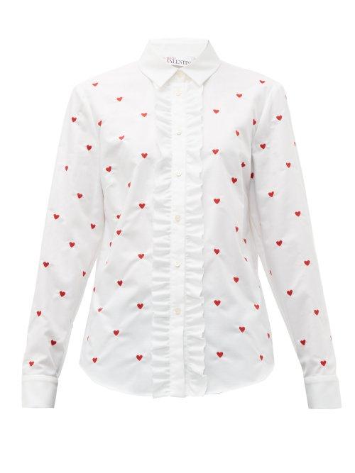 Matchesfashion.com Redvalentino - Heart Embroidered Cotton Oxford Shirt - Womens - White Multi