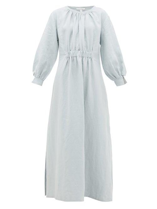 Matchesfashion.com White Story - Como Ruched Linen Maxi Dress - Womens - Light Blue