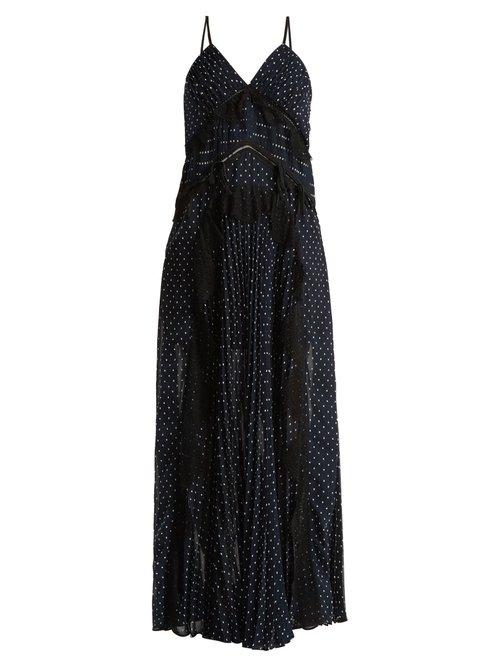Matchesfashion.com Self-portrait - Dobby Dot Lace Trimmed Pleated Dress - Womens - Navy