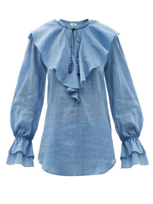 Ladies Rtw Etro - Nashville Ruffled Cotton-blend Voile Blouse - Womens - Light Blue