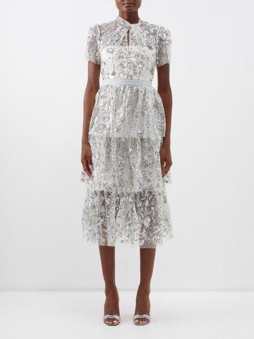Self-portrait - Tiered Sequinned Tulle Dress - Womens - Champagne