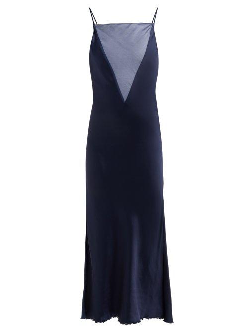 Matchesfashion.com Marina Moscone - Organza Insert Satin Slip Dress - Womens - Navy
